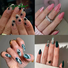 Cyflymder 24pcs Long Almond False Nails French Rose Cat Eye Dark Green Swoosh Stars Press on Nails Fake Nails DIY Manicure Detachable