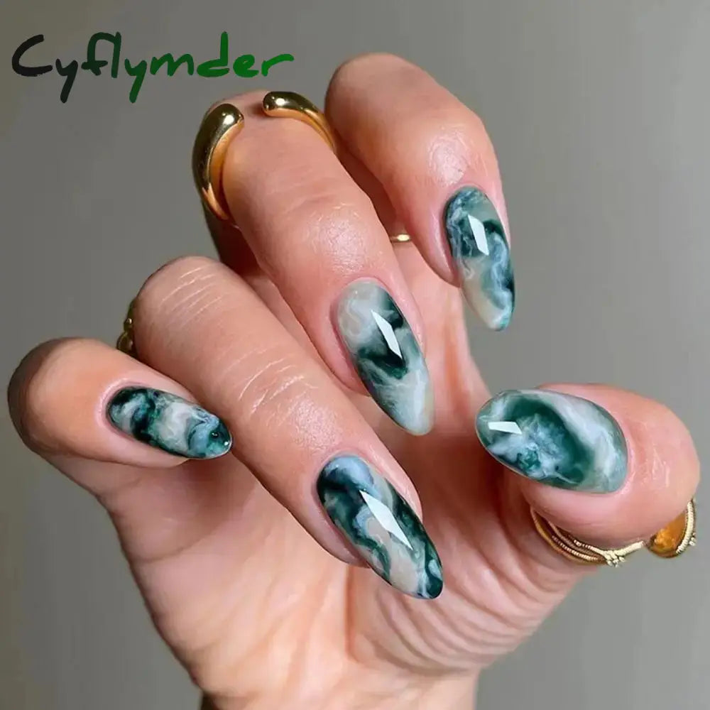 Cyflymder 24pcs Long Almond False Nails French Rose Cat Eye Dark Green Swoosh Stars Press on Nails Fake Nails DIY Manicure Detachable