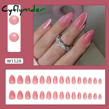 Cyflymder 24pcs Long Almond False Nails French Rose Cat Eye Dark Green Swoosh Stars Press on Nails Fake Nails DIY Manicure Detachable