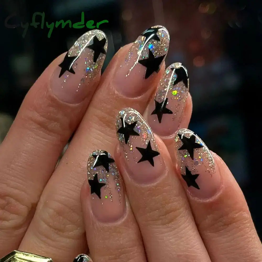 Cyflymder 24pcs Long Almond False Nails French Rose Cat Eye Dark Green Swoosh Stars Press on Nails Fake Nails DIY Manicure Detachable