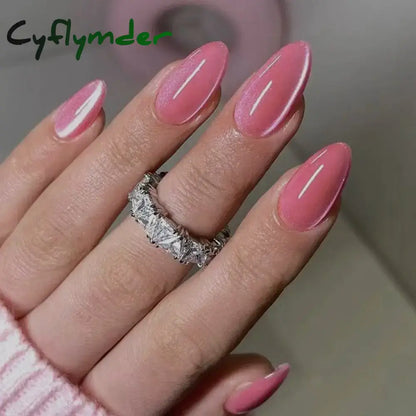 Cyflymder 24pcs Long Almond False Nails French Rose Cat Eye Dark Green Swoosh Stars Press on Nails Fake Nails DIY Manicure Detachable