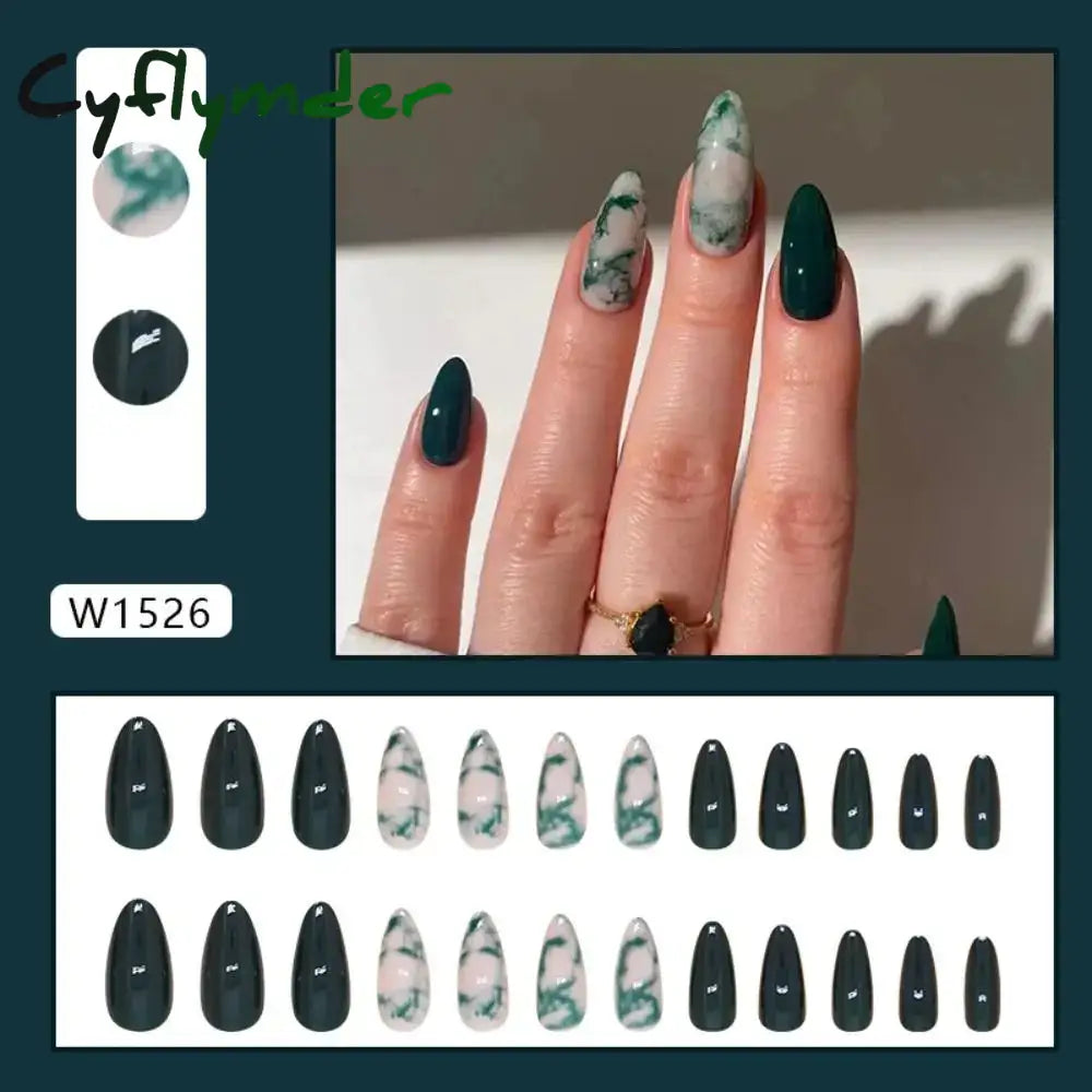 Cyflymder 24pcs Long Almond False Nails French Rose Cat Eye Dark Green Swoosh Stars Press on Nails Fake Nails DIY Manicure Detachable