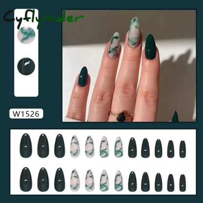 Cyflymder 24pcs Long Almond False Nails French Rose Cat Eye Dark Green Swoosh Stars Press on Nails Fake Nails DIY Manicure Detachable