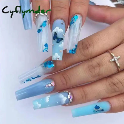Cyflymder 24Pcs Long Ballet Fake Nails Press on Wearable Coffin False Nails with Glue Glitter Leaves Design Full Cover Nail Tips Manicure