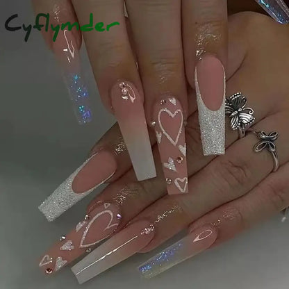 Cyflymder 24Pcs Long Ballet Fake Nails Press on Wearable Coffin False Nails with Glue Glitter Leaves Design Full Cover Nail Tips Manicure