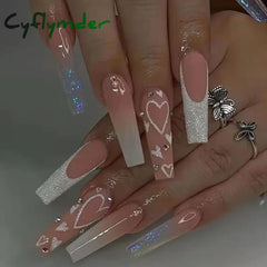 Cyflymder 24Pcs Long Ballet Fake Nails Press on Wearable Coffin False Nails with Glue Glitter Leaves Design Full Cover Nail Tips Manicure