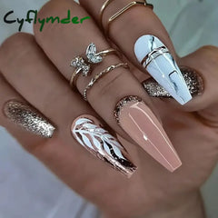 Cyflymder 24Pcs Long Ballet Fake Nails Press on Wearable Coffin False Nails with Glue Glitter Leaves Design Full Cover Nail Tips Manicure