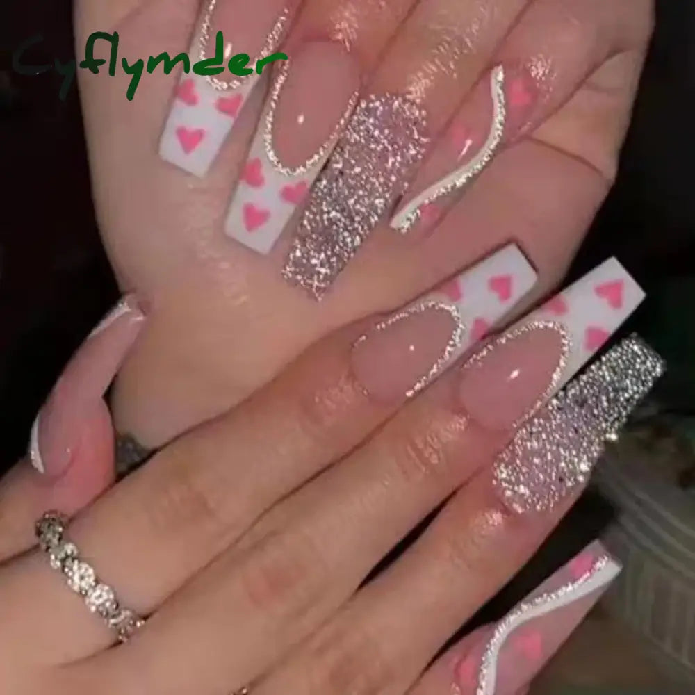 Cyflymder 24Pcs Long Ballet Fake Nails Press on Wearable Coffin False Nails with Glue Glitter Leaves Design Full Cover Nail Tips Manicure