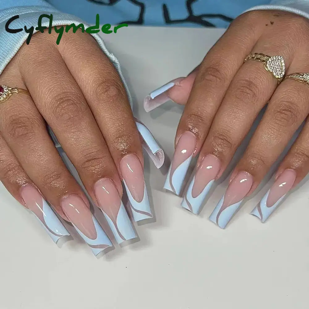 Cyflymder 24Pcs Long Ballet Square False Nails Simple French 3d Curve Design Fake Nails Wearable Press on Fake Nails Full Cover Nails Tips
