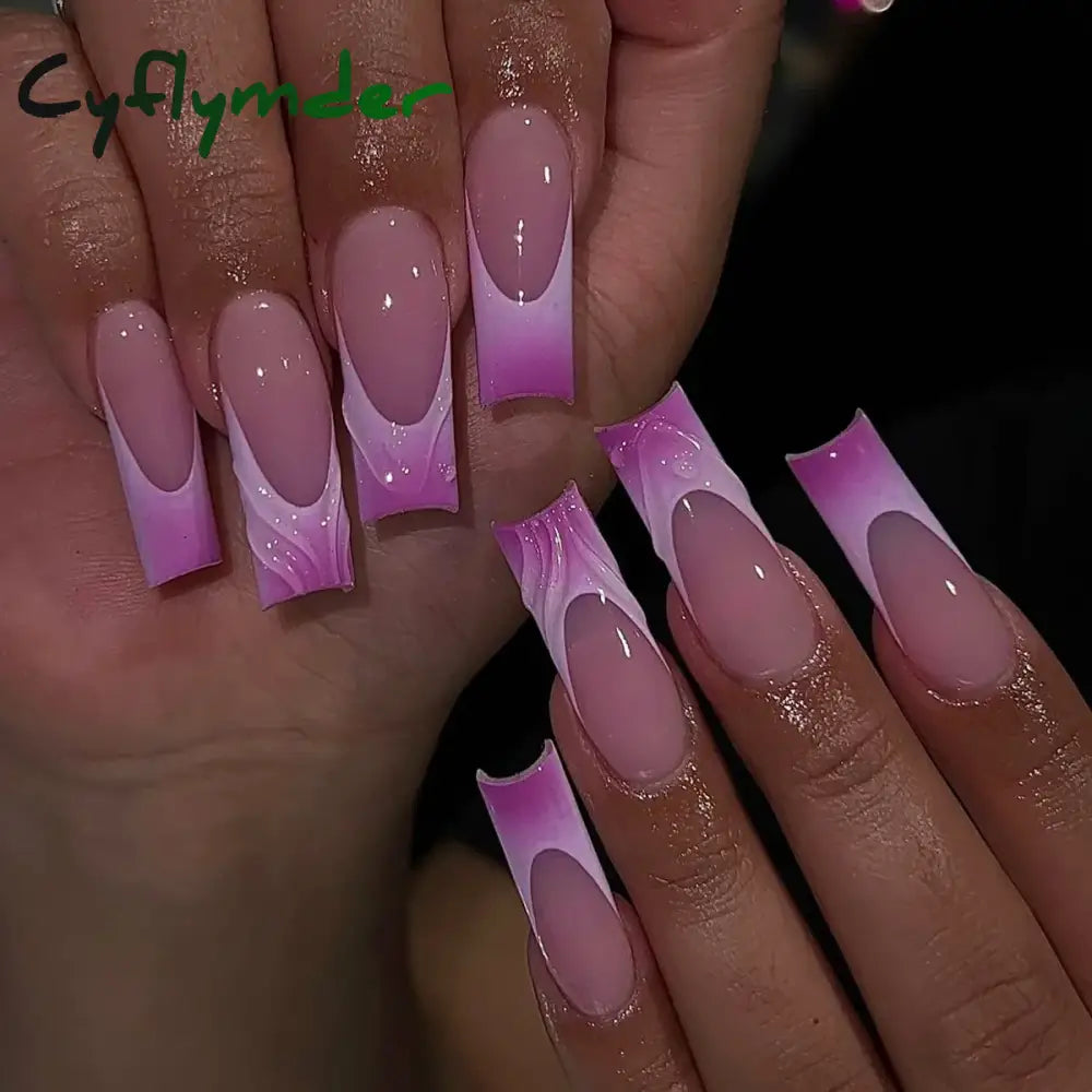 Cyflymder 24Pcs Long Ballet Square False Nails Simple French 3d Curve Design Fake Nails Wearable Press on Fake Nails Full Cover Nails Tips