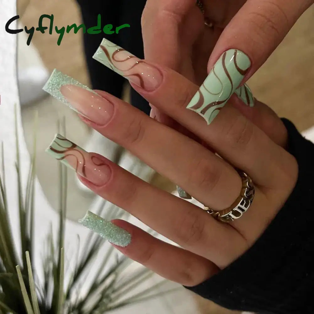 Cyflymder 24Pcs Long Ballet Square False Nails Simple French 3d Curve Design Fake Nails Wearable Press on Fake Nails Full Cover Nails Tips
