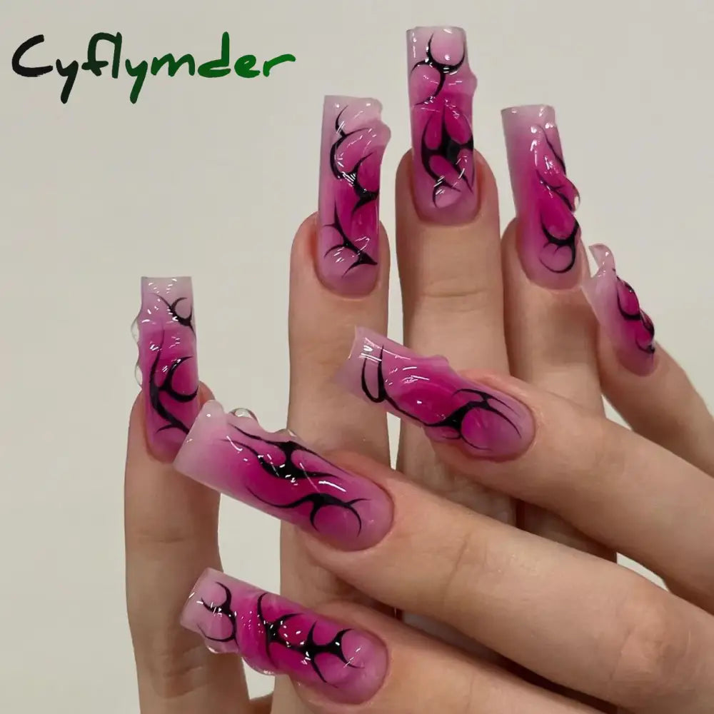 Cyflymder 24Pcs Long Ballet Square False Nails Simple French 3d Curve Design Fake Nails Wearable Press on Fake Nails Full Cover Nails Tips