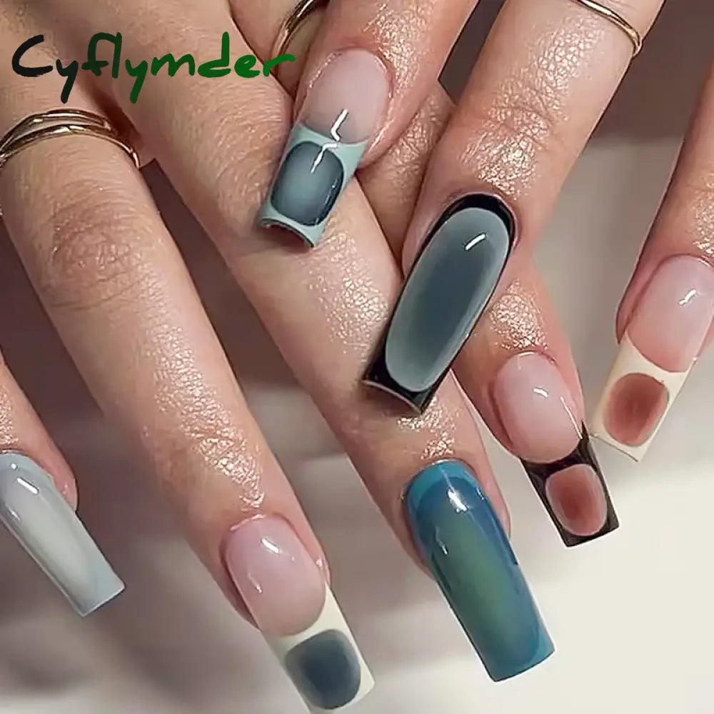 Cyflymder 24Pcs Long Ballet Square False Nails Simple French 3d Curve Design Fake Nails Wearable Press on Fake Nails Full Cover Nails Tips