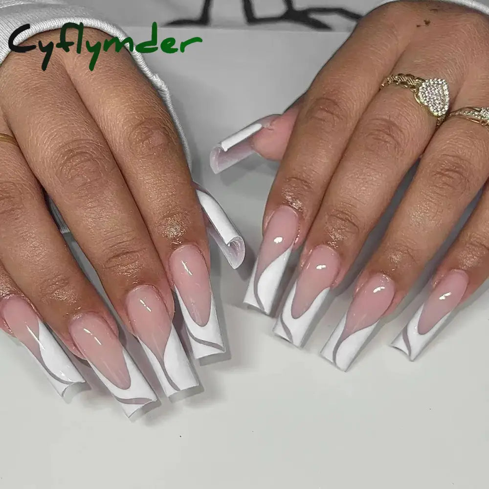 Cyflymder 24Pcs Long Ballet Square False Nails Simple French 3d Curve Design Fake Nails Wearable Press on Fake Nails Full Cover Nails Tips