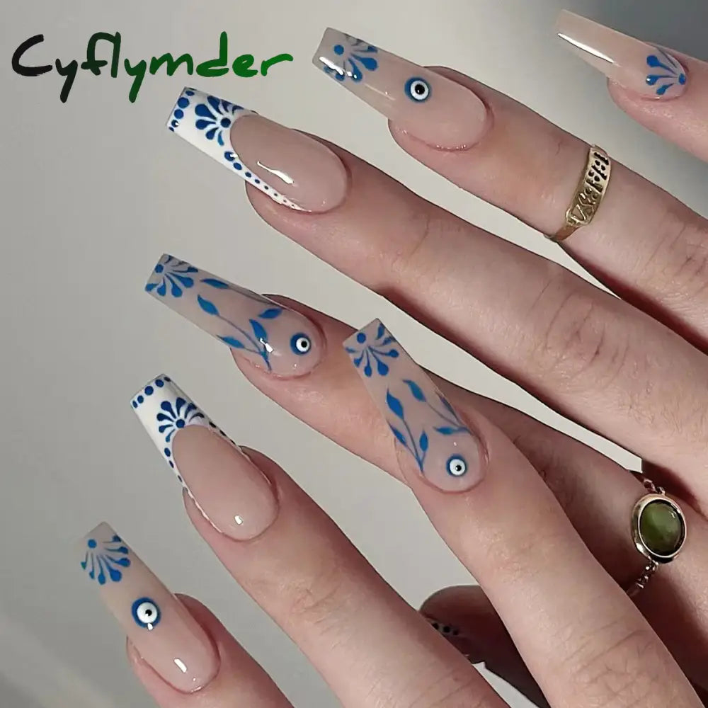 Cyflymder 24Pcs Long Ballet Square False Nails Simple French 3d Curve Design Fake Nails Wearable Press on Fake Nails Full Cover Nails Tips