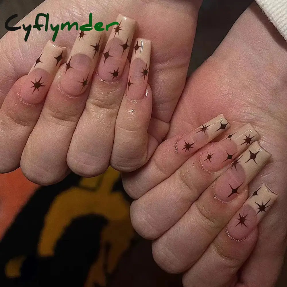 Cyflymder 24Pcs Long Ballet Square False Nails Simple French 3d Curve Design Fake Nails Wearable Press on Fake Nails Full Cover Nails Tips