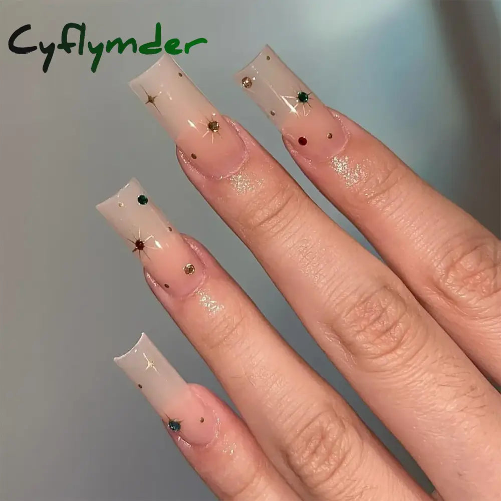 Cyflymder 24Pcs Long Ballet Square False Nails Simple French 3d Curve Design Fake Nails Wearable Press on Fake Nails Full Cover Nails Tips
