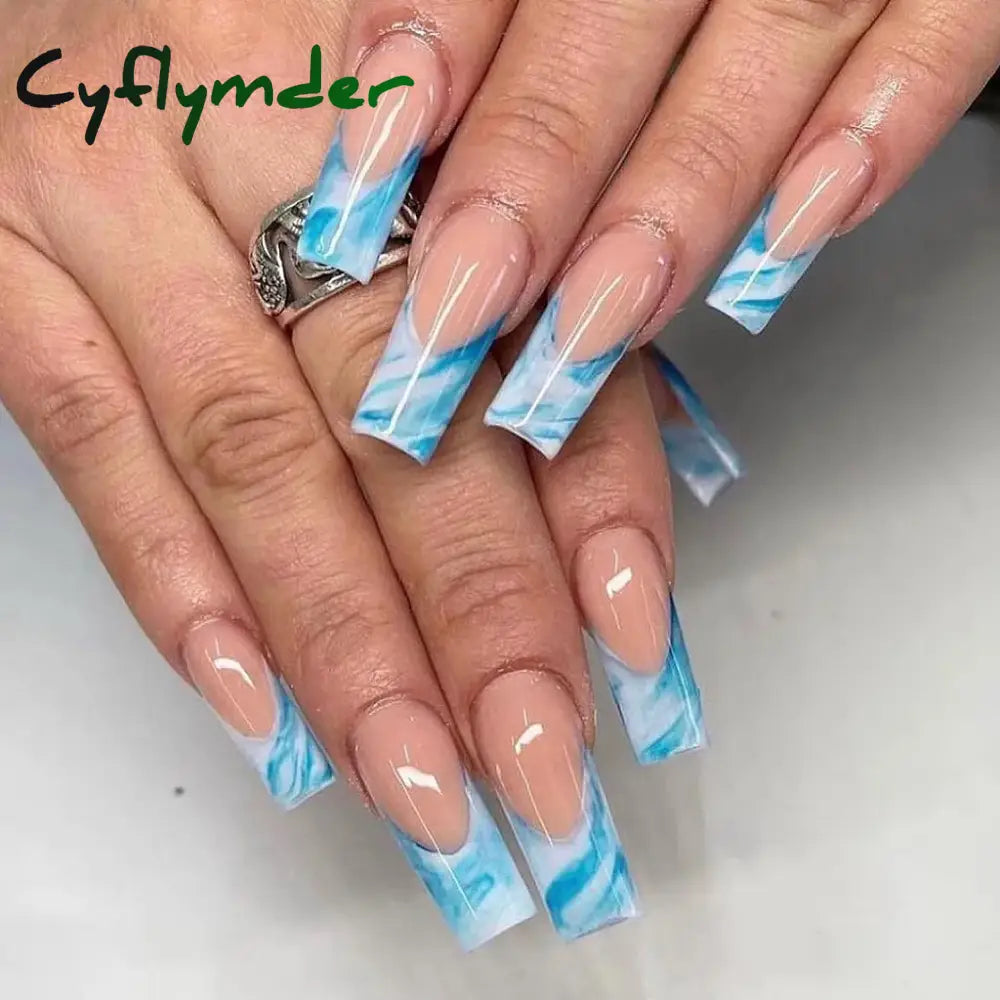 Cyflymder 24Pcs Long Ballet Square False Nails Simple French 3d Curve Design Fake Nails Wearable Press on Fake Nails Full Cover Nails Tips