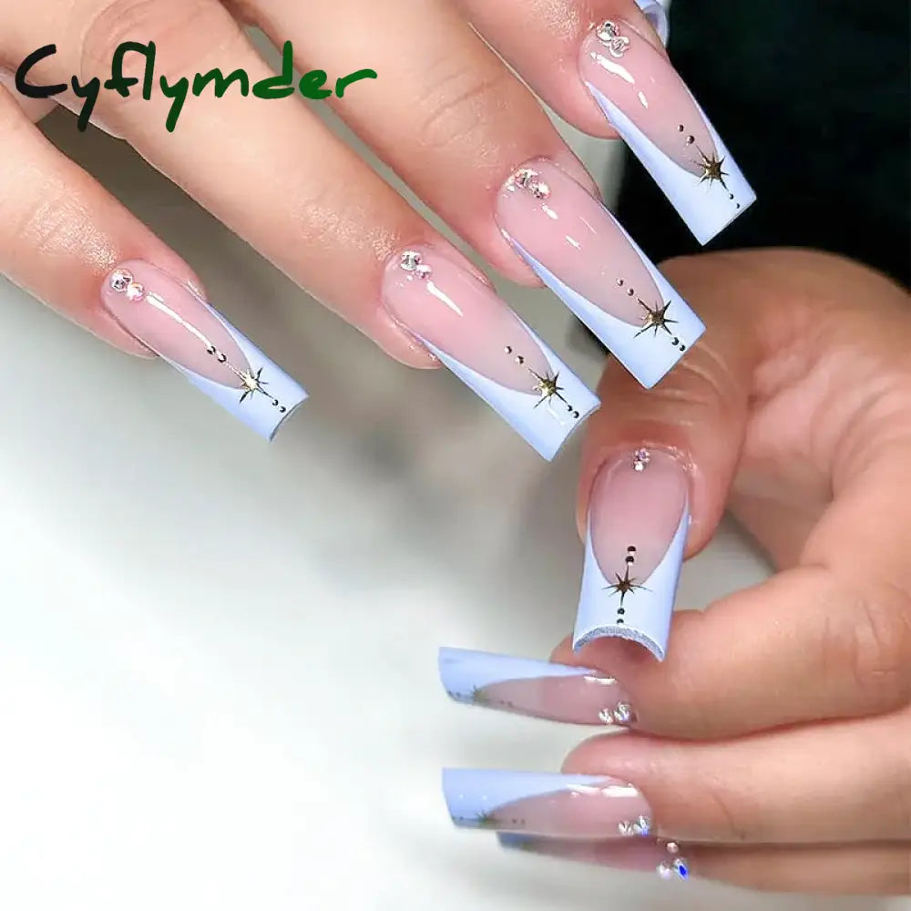 Cyflymder 24Pcs Long Ballet Square False Nails Simple French 3d Curve Design Fake Nails Wearable Press on Fake Nails Full Cover Nails Tips