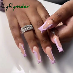 Cyflymder 24Pcs Long Ballet Square False Nails Simple French 3d Curve Design Fake Nails Wearable Press on Fake Nails Full Cover Nails Tips
