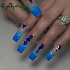 Cyflymder 24Pcs Long Ballet Square False Nails Simple French 3d Curve Design Fake Nails Wearable Press on Fake Nails Full Cover Nails Tips