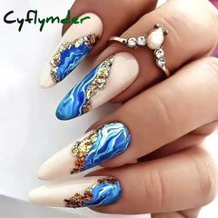 Cyflymder 24Pcs Long Stiletto Press on Nails Box Acrylic False Nails with Almond Designs Black Gold Foil French Full Cover Fake Nail Tips