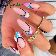 Cyflymder 24Pcs Long Stiletto Press on Nails Box Acrylic False Nails with Almond Designs Black Gold Foil French Full Cover Fake Nail Tips