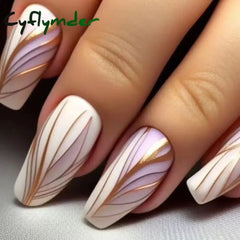 Cyflymder 24Pcs Medium Long Ballet Fake Nails Art Flat Head Gold Line Frosted False Nails Press on Full Cover Removable Stick on Nail Tips