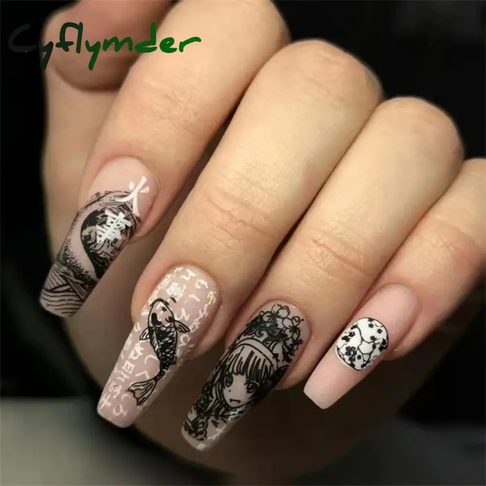 Cyflymder 24Pcs Medium Long Ballet Fake Nails Art Flat Head Gold Line Frosted False Nails Press on Full Cover Removable Stick on Nail Tips