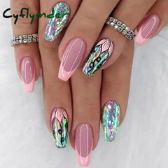 Cyflymder 24Pcs Medium Long Ballet Fake Nails Art Flat Head Gold Line Frosted False Nails Press on Full Cover Removable Stick on Nail Tips