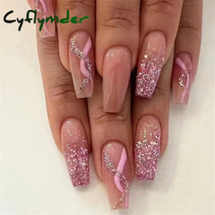 Cyflymder 24Pcs Medium Long Ballet Fake Nails Art Flat Head Gold Line Frosted False Nails Press on Full Cover Removable Stick on Nail Tips