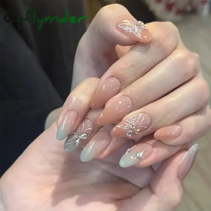 Cyflymder 24Pcs Mid-length Almond Ballet False Nails Simple Cat Eye Design Press on Fake Nail Wearable Full Cover Nail Tips Manicure Tools