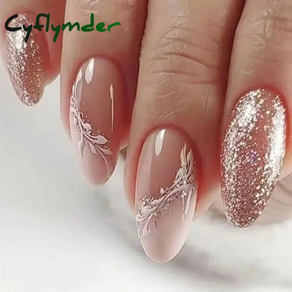 Cyflymder 24Pcs Mid-length Almond Ballet False Nails Simple Cat Eye Design Press on Fake Nail Wearable Full Cover Nail Tips Manicure Tools