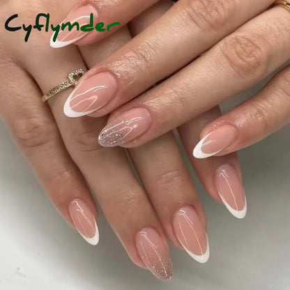 Cyflymder 24Pcs Mid-length Almond Ballet False Nails Simple Cat Eye Design Press on Fake Nail Wearable Full Cover Nail Tips Manicure Tools