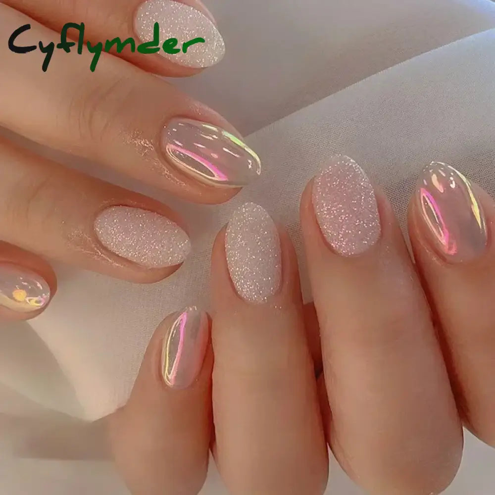 Cyflymder 24Pcs Mid-length Almond Ballet False Nails Simple Cat Eye Design Press on Fake Nail Wearable Full Cover Nail Tips Manicure Tools