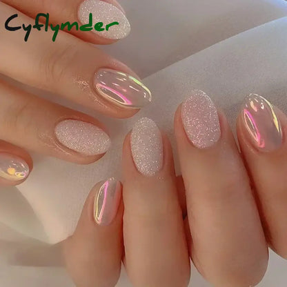 Cyflymder 24Pcs Mid-length Almond Ballet False Nails Simple Cat Eye Design Press on Fake Nail Wearable Full Cover Nail Tips Manicure Tools
