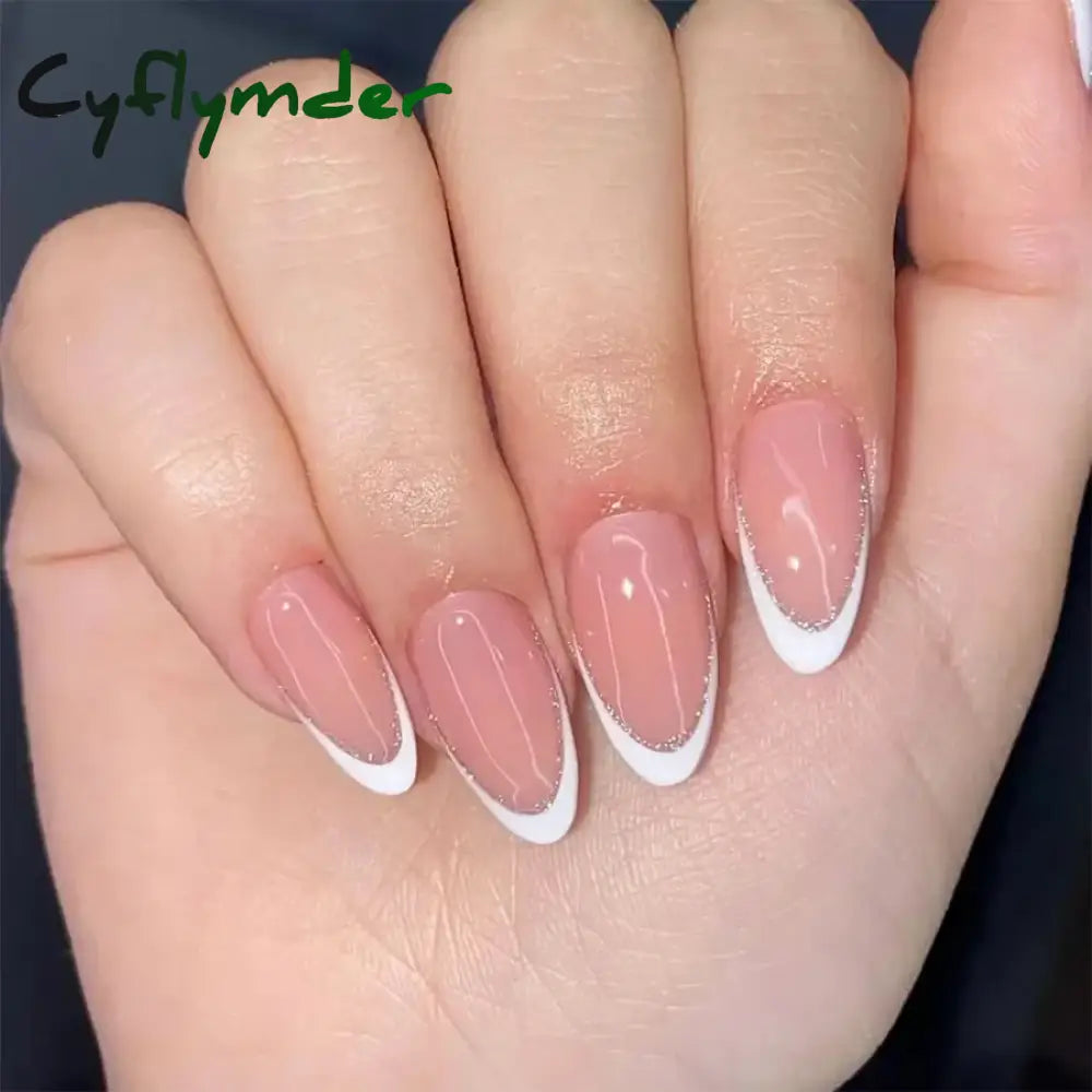Cyflymder 24Pcs Mid-length Almond Ballet False Nails Simple Cat Eye Design Press on Fake Nail Wearable Full Cover Nail Tips Manicure Tools