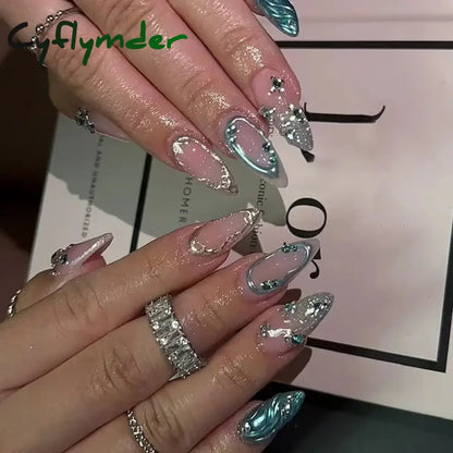Cyflymder 24Pcs Mid-length Almond Ballet False Nails Simple Cat Eye Design Press on Fake Nail Wearable Full Cover Nail Tips Manicure Tools