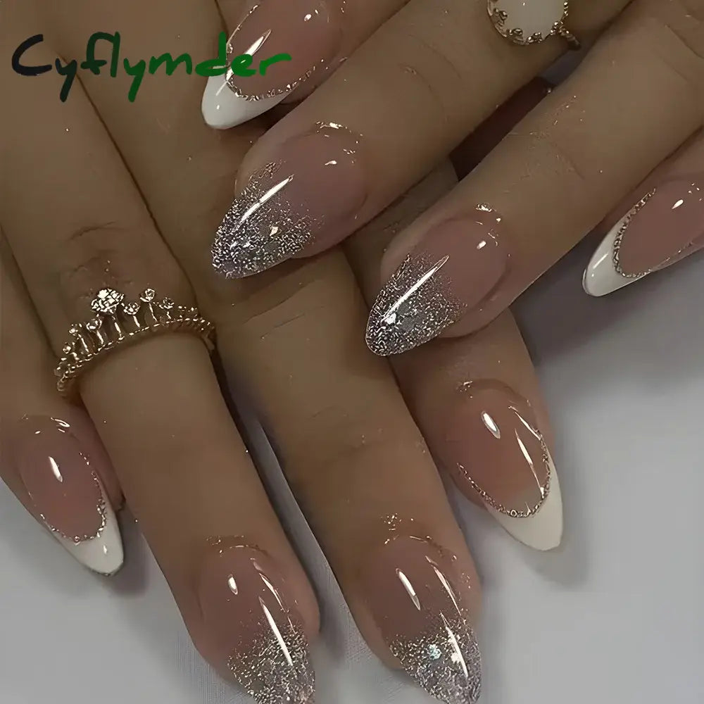 Cyflymder 24Pcs Mid-length Almond Ballet False Nails Simple Cat Eye Design Press on Fake Nail Wearable Full Cover Nail Tips Manicure Tools