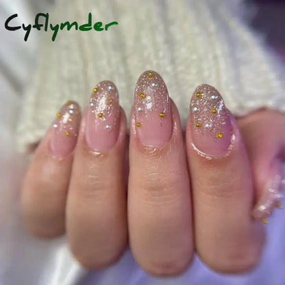 Cyflymder 24Pcs Mid-length Almond Ballet False Nails Simple Cat Eye Design Press on Fake Nail Wearable Full Cover Nail Tips Manicure Tools