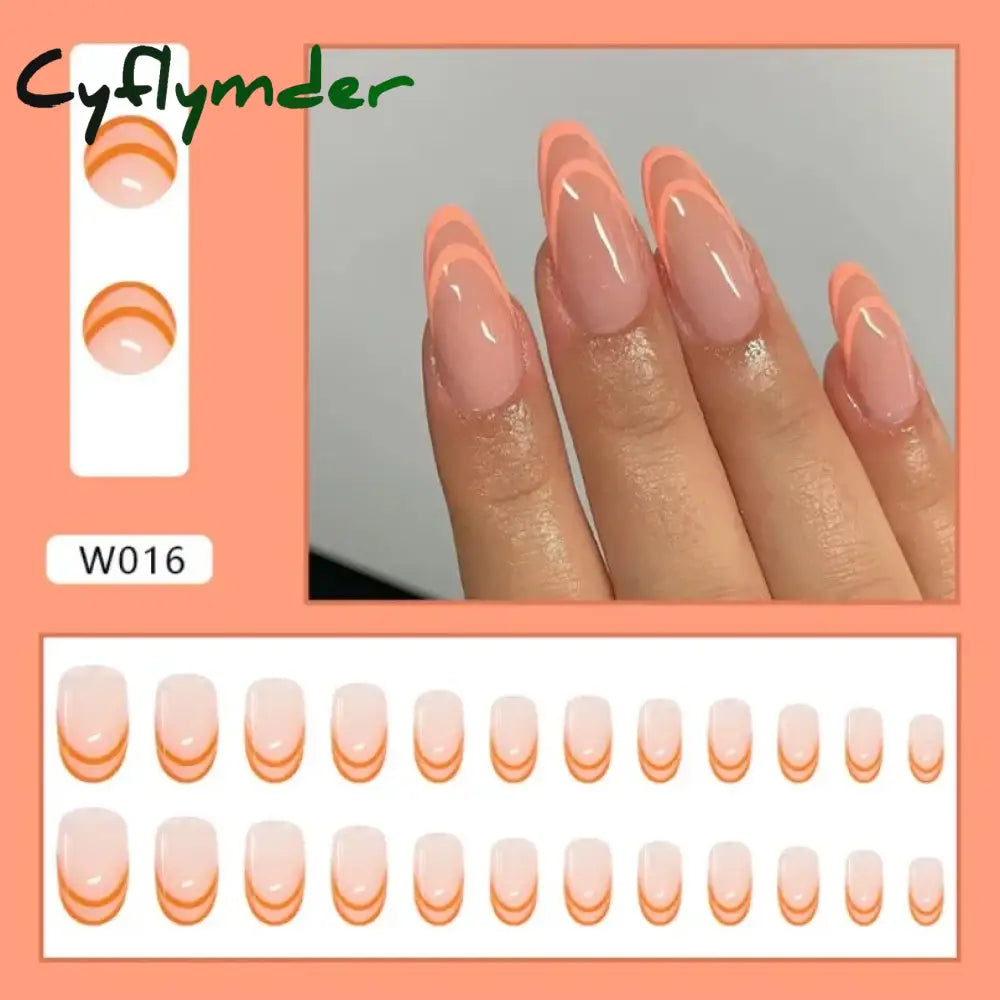 Cyflymder 24PCS Nail Art Fake Nails Long Ballerina Press on False Nails Set Handmade Orange Edge Almond Nail Seamless Removable Capsule