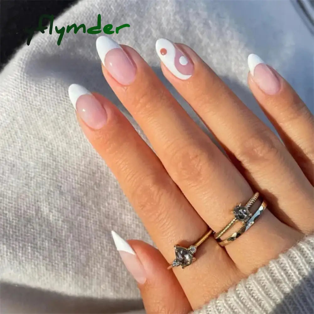 Cyflymder 24PCS Nail Art Fake Nails Long Ballerina Press on False Nails Set Handmade Orange Edge Almond Nail Seamless Removable Capsule