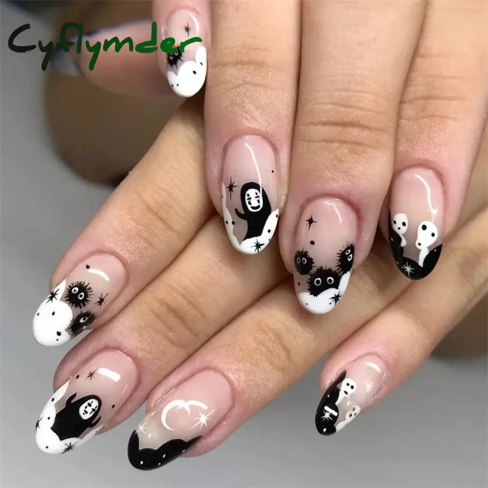 Cyflymder 24PCS Nail Art Fake Nails Long Ballerina Press on False Nails Set Handmade Orange Edge Almond Nail Seamless Removable Capsule