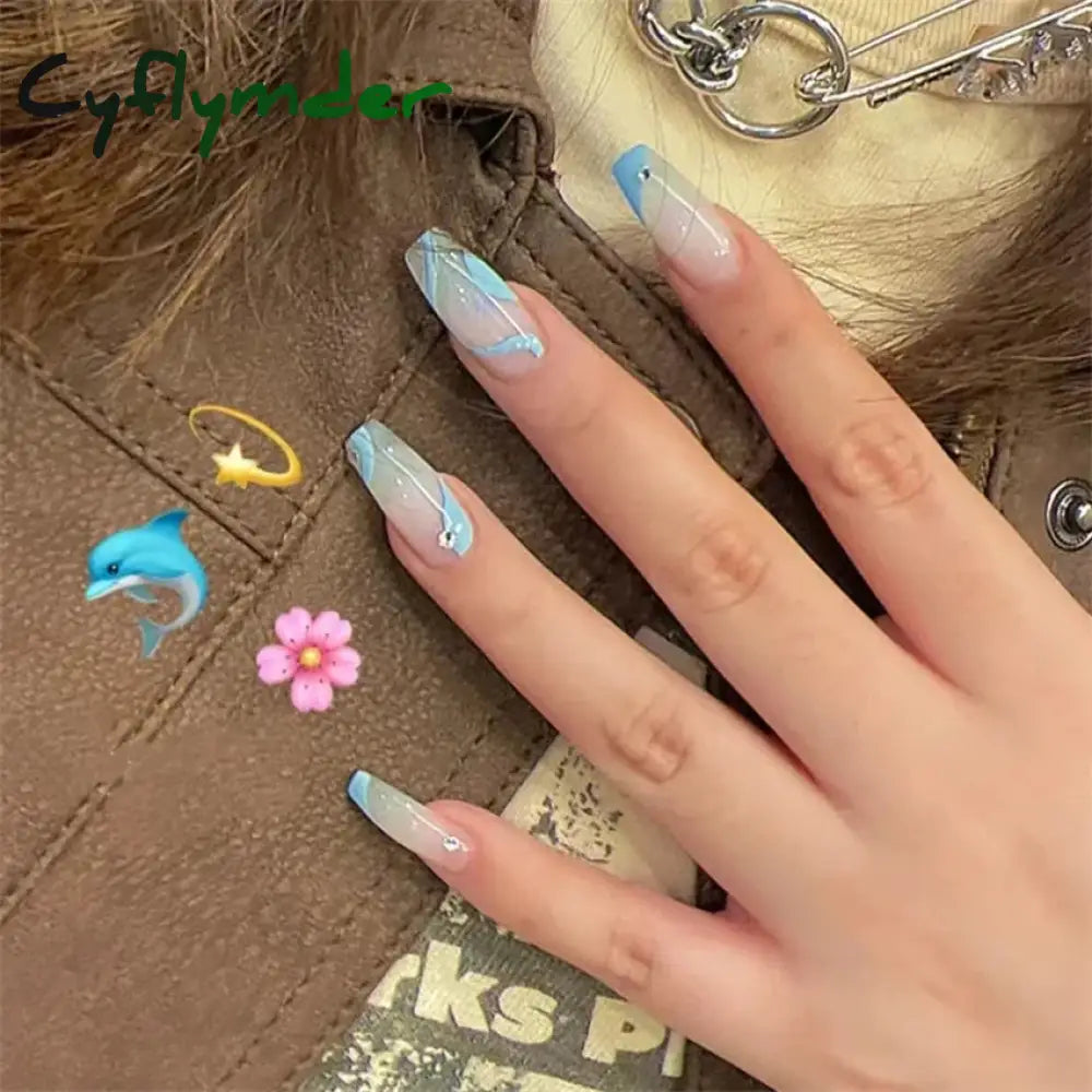 Cyflymder 24PCS Nail Art Fake Nails Long Ballerina Press on False Nails Set Handmade Orange Edge Almond Nail Seamless Removable Capsule