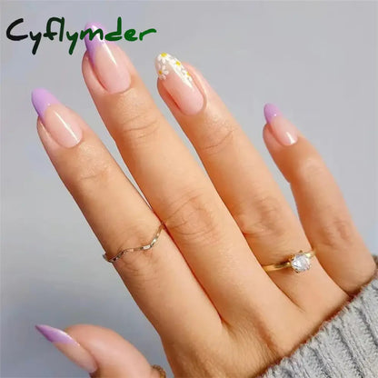 Cyflymder 24PCS Nail Art Fake Nails Long Ballerina Press on False Nails Set Handmade Orange Edge Almond Nail Seamless Removable Capsule