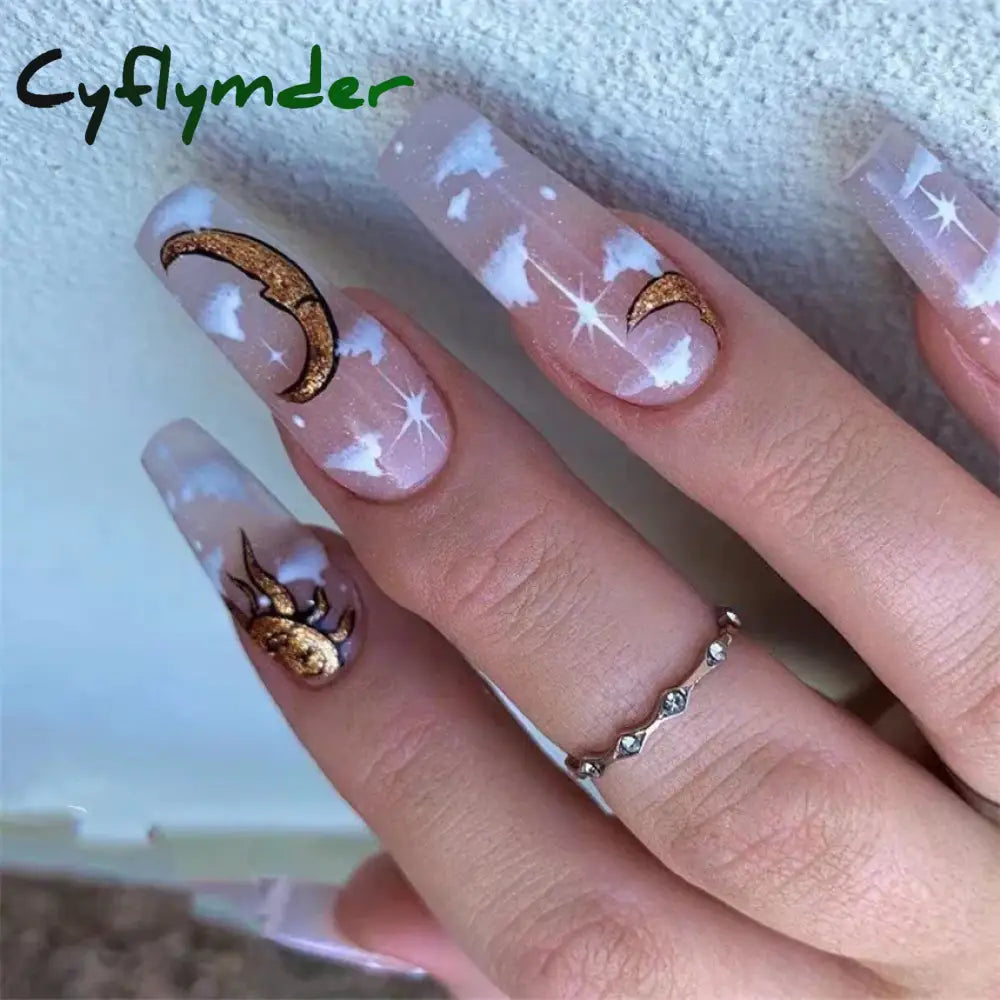 Cyflymder 24PCS Nail Art Fake Nails Long Ballerina Press on False Nails Set Handmade Orange Edge Almond Nail Seamless Removable Capsule