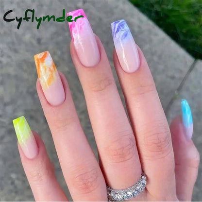 Cyflymder 24PCS Nail Art Fake Nails Long Ballerina Press on False Nails Set Handmade Orange Edge Almond Nail Seamless Removable Capsule