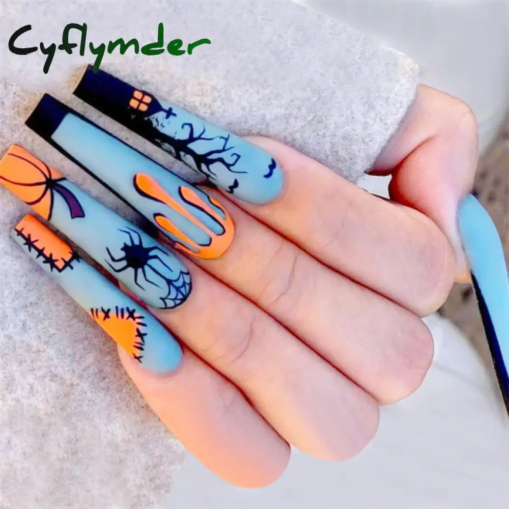 Cyflymder 24PCS Nail Art Fake Nails Long Ballerina Press on False Nails Set Handmade Orange Edge Almond Nail Seamless Removable Capsule