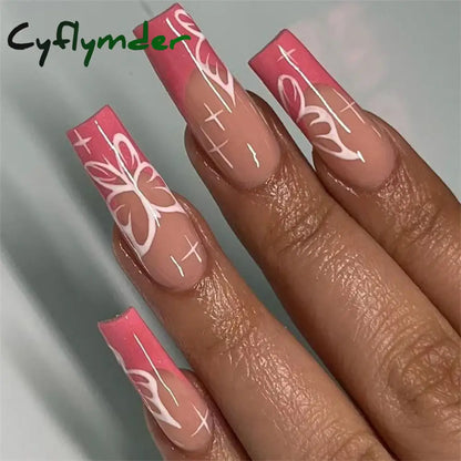 Cyflymder 24PCS Nail Art Fake Nails Long Ballerina Press on False Nails Set Handmade Orange Edge Almond Nail Seamless Removable Capsule