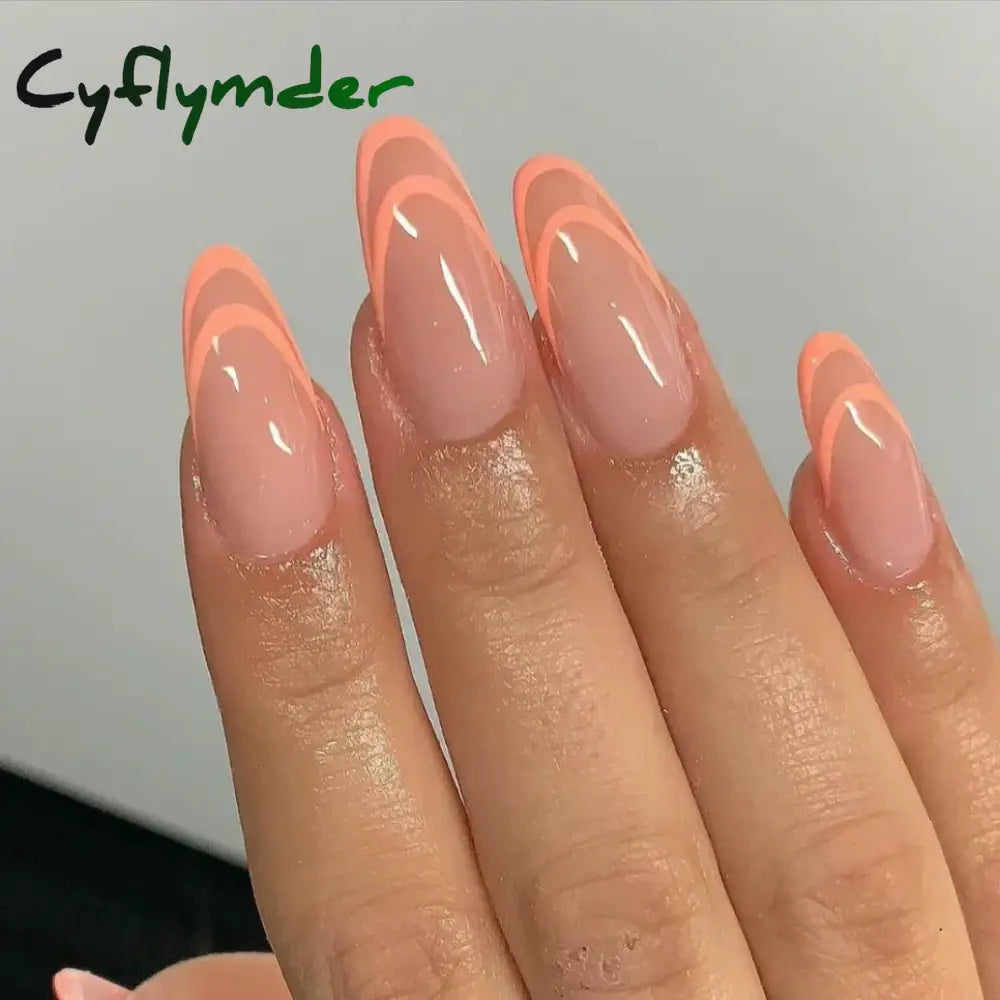 Cyflymder 24PCS Nail Art Fake Nails Long Ballerina Press on False Nails Set Handmade Orange Edge Almond Nail Seamless Removable Capsule